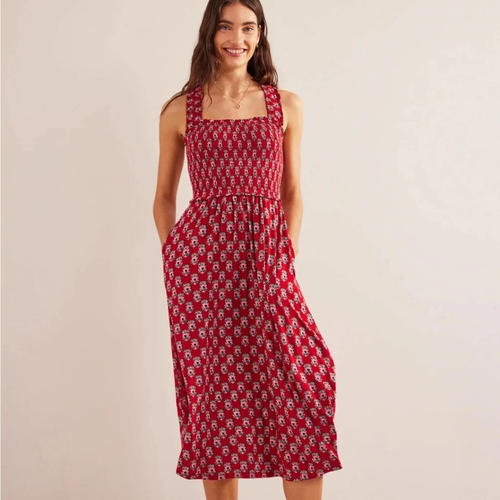 BODEN‎ CROSS BACK JERSEY MIDI DRESS IN POINSETTIA DAINTY FLORET Size 12 Red